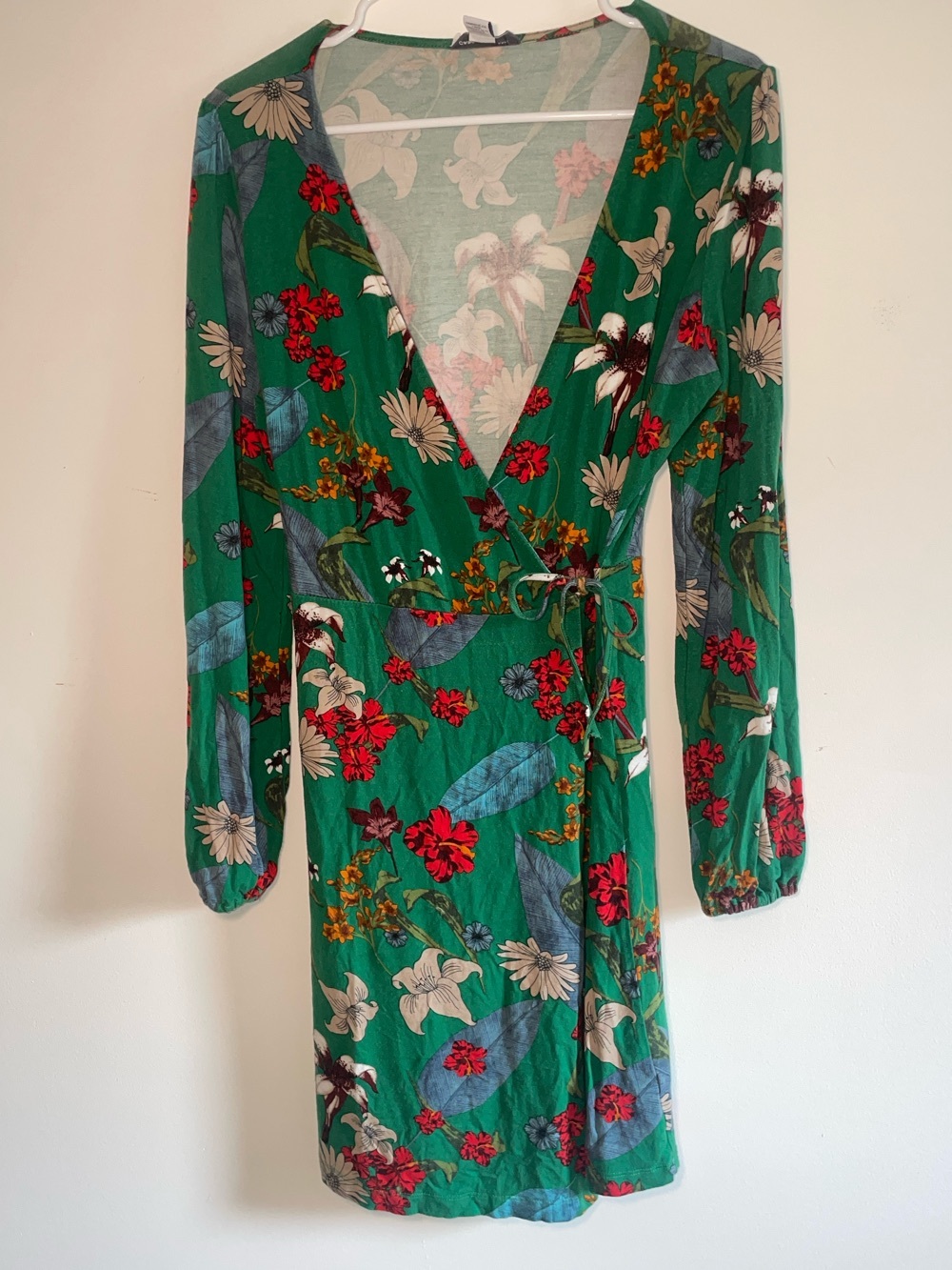 Carolina Belle Green Floral Wrap Dress with Red & Cream Accents